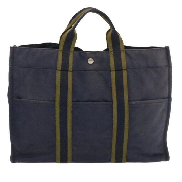 HERMES Fourre Tout MM Hand Bag Canvas Navy Khaki Auth ti1603 - Picture 3 of 14